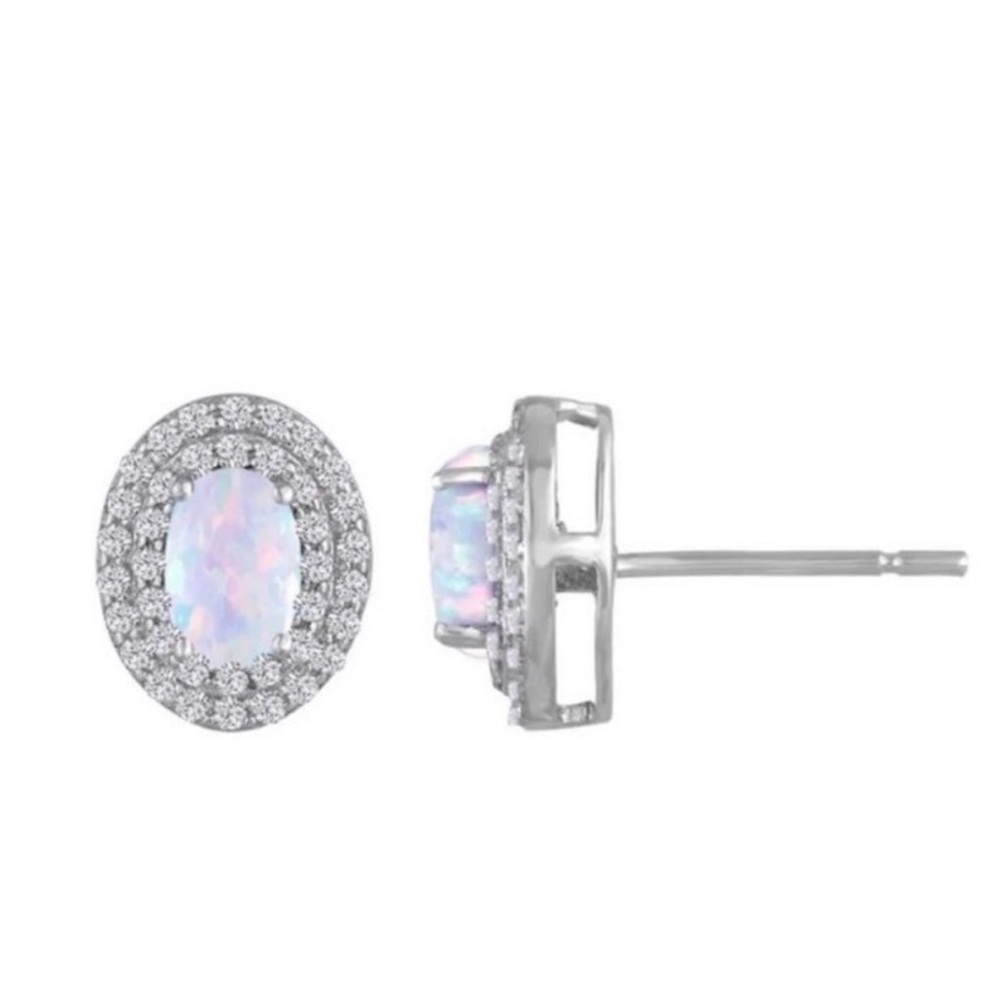 Lab-Created Opal & Lab-Create White Sapphire Double Halo Sterling Silver Studs
